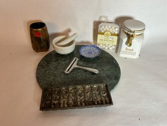 ANTIQUE CHOCOLATE MOLD, ITALIAN MARBLE CHEESE BOARD, MORTICE AND PESTLE ETC.