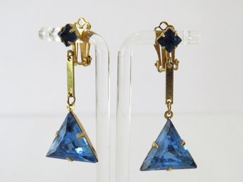 Art Deco Inspired Blue Crystal Geometric Clip On Dangle Earrings