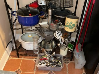 LARGE LOT KITCHEN POTS, FLATWARE, ETC.