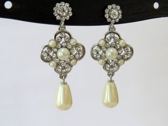 Dazzling Iridescent Rhinestone Faux Pearl Stud Dangle Earrings - Carolee