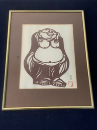 Framed Chinese Jianzhi Paper-cut Art Of Laughing Buddha