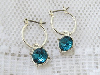 Swarovski Silver Tone Blue Crystal Charm Hoop Earrings