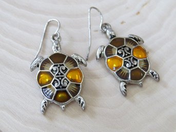 Silver Tone Sea Turtle French Wire Dangle Earrings