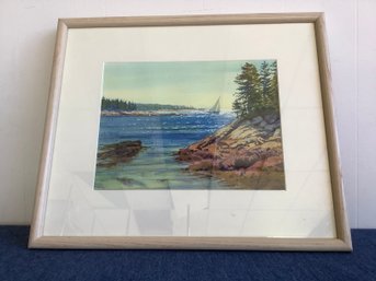 Signed Framed Watercolor- Sailboat In The Lake