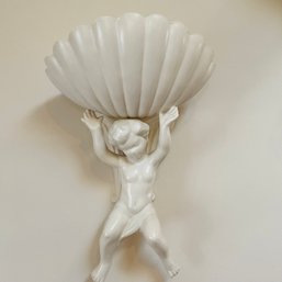 Vintage Pair Of Gare Inc. Ceramic Cherub & Scallop Shell Wall Pockets