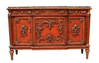 Brown Marble And Russet Red Gilded Ornate Wood Sideboard