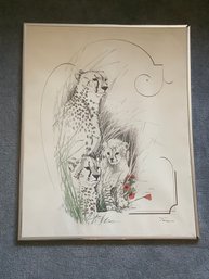 Framed Lithograph Print 'Cheetah Family' Signed