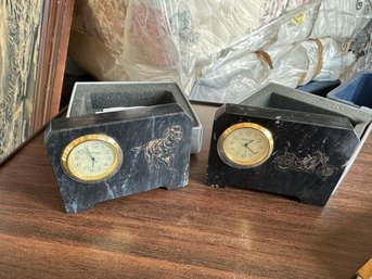 2 National Marble Based Clocks With Etched Dog And Motorcycle