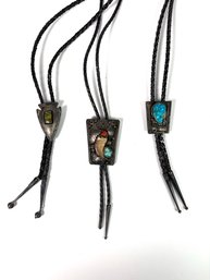 Vintage Trio Sterling Silver, Leather And Semi Precious Stone Bolo Ties
