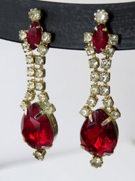 Art Deco Style Red Clear Rhinestone Teardrop Pierced Dangle Earrings