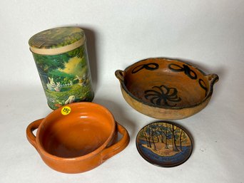 TWO REDWARE BOWLS AND ONE TIN W/ BUNNIES
