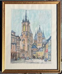A Vintage Hand Colored Etching - Belgian Street Scene