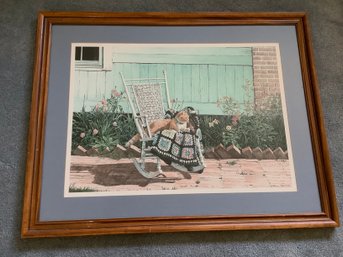 Framed Art Print Of A Cat W/ A Quilt On A Rocking Chair Signed
