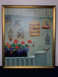 Oil Canvas Painting Of Birds In Bird Cages By Shirley Fernekes Signed