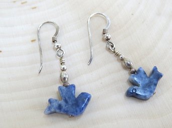 Sterling Silver Carved Bird Beads Pierced Dangle Earrings