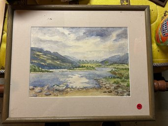 M. CURTIN WATERCOLOR OF A RIVER VALLEY