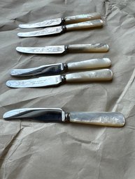 Set Of Six Antique Butter Knives Of  Mother-of-pearl Handles And Stainless Steel Blades.
