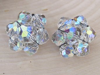 Sparkling Aurora Borealis Crystal Flower Clip On Earrings