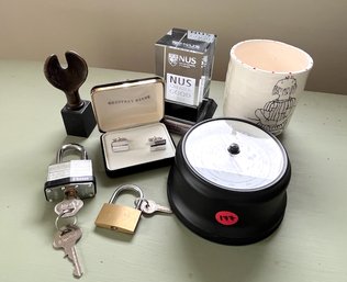 Small Lot Of Collectible Items, Cufflinks, Barometer, Padlocks, Etc.