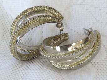 Half Round Double Hoop Hammered Rope Design Pierced Earrings