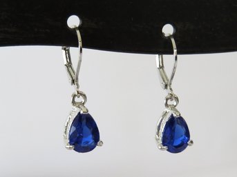 Elegant Sterling Silver Lever Back Pear Cut Cobalt Blue Crystal Earrings