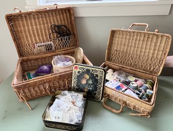 Two Sewing Baskets And Tin Of Buttons