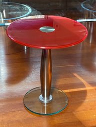 Modern Style Red Glass And Stainless Finish Accent Table - Nice Piece Can Be Used Anywhere - Nice Piece !