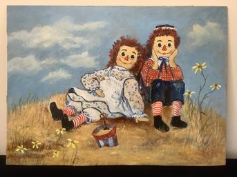 Oil Canvas Painting Of Raggedy Ann & Andy By Shirley Fernekes Signed