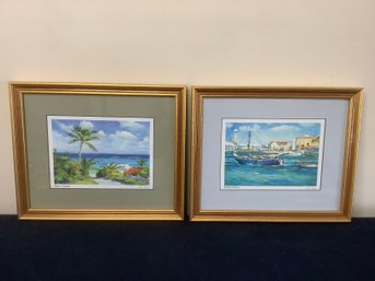 Set Of 2 - Oil Canvas Paintings 'Nassau Harbour & Beach Cottage' Signed By John Paul