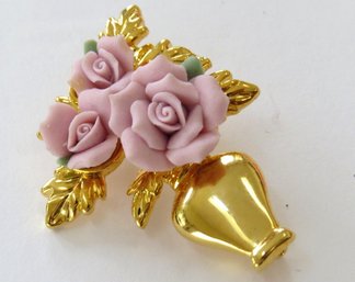 Vintage Avon Porcelain Pink Roses Gold Tone Vase Brooch