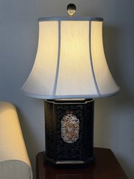 PAIR Of Vintage Chinese Black Lacquer Table Lamp With Pierced Plaque Inlay