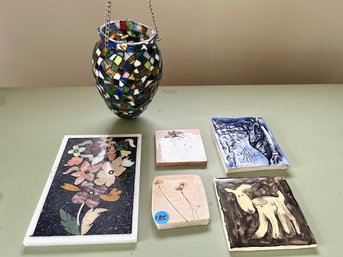 Lot Of Tiles And Mosaic Glass Lantern