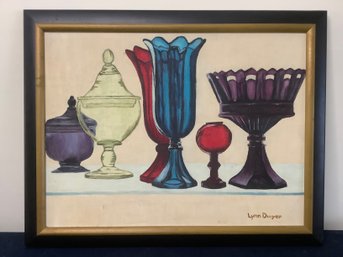 Oil Canvas Painting Of Glassware Signed By Lynn Dwyer