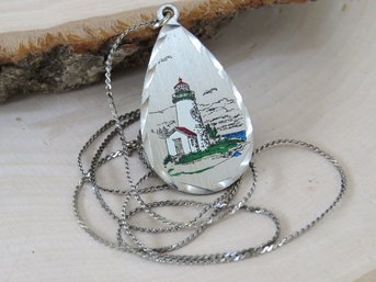 Genuine Pewter Painted Lighthouse Pendant Necklace