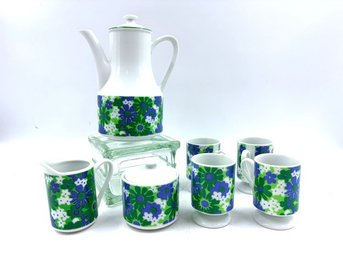 Vintage 9 Piece Crazy Daisy Mod Blue & Green Mid Century Modern Coffee Service