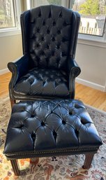 Navy Blue Tufted Wing Chair And Ottoman