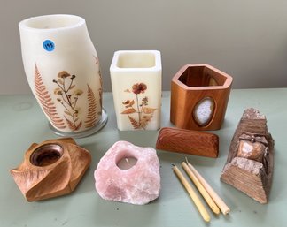 Decorative Candle, Candle Holder, And Carved Owl Lot