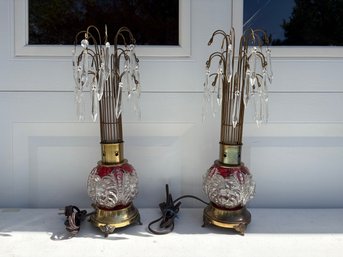 Pair Of Hollywood Regency Crystal Prism Waterfall Lamp