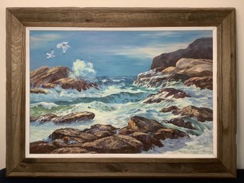 Oil Painting Of Rocky Ocean Scene W/ Waves By Shirley Fernekes Signed