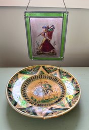 Painted Stained Glass And Vintage Plate