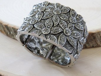 Wide Marcasite Floral Design Segmented Cuff Bracelet
