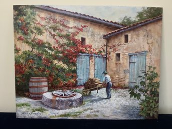 Oil Canvas Painting Of Man Wheeling Wood By Shirley Fernekes Signed