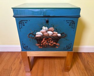 Egg Decorated Painted Tin On Wood Stand, Signed P. Jackson