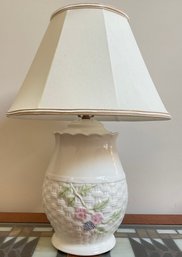 Limited Edition Irish BELLEEK Pottery Basketweave Lamp With Hand-painted Berry Pattern