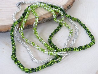 Twisted Multi Strand Seed Bead White To Green 48' Necklace