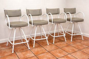 Set Of 4 White Metal Counter Stools With Naugahyde Or Vinyl Seat And Backrest