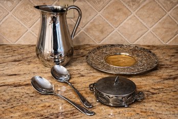 Vintage Silver Table Items With A Pierced Platter, Spoons, French Sugar Bowl And Water Pitcher