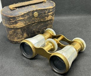 Antique LEMAIRE PARIS Mother Of Pearl Opera Glasses With Leather Case