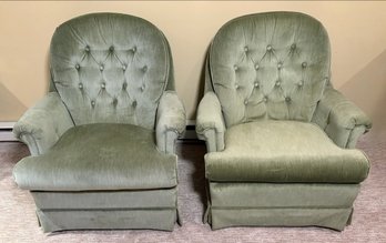 Pair Vintage Green Velour Upholstered Swivel Rockers (2)