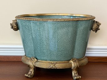 Beautiful Chinese Celadon Glazed Ceramic Pot With Ornate Brass Stand
